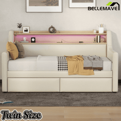 Bellemave® Twin Size Daybed with Drawers, Upholstery Day Bed with LED Light ＆ Charging Station, Leather Day Bed with Wood and Metal Frame, Twin Daybed Frame with Storage Shelf, Beige - Bellemave