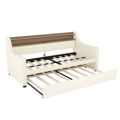 Bellemave® Twin Size Daybed with Drawers, Upholstery Day Bed with LED Light ＆ Charging Station, Leather Day Bed with Wood and Metal Frame, Twin Daybed Frame with Storage Shelf, Beige - Bellemave