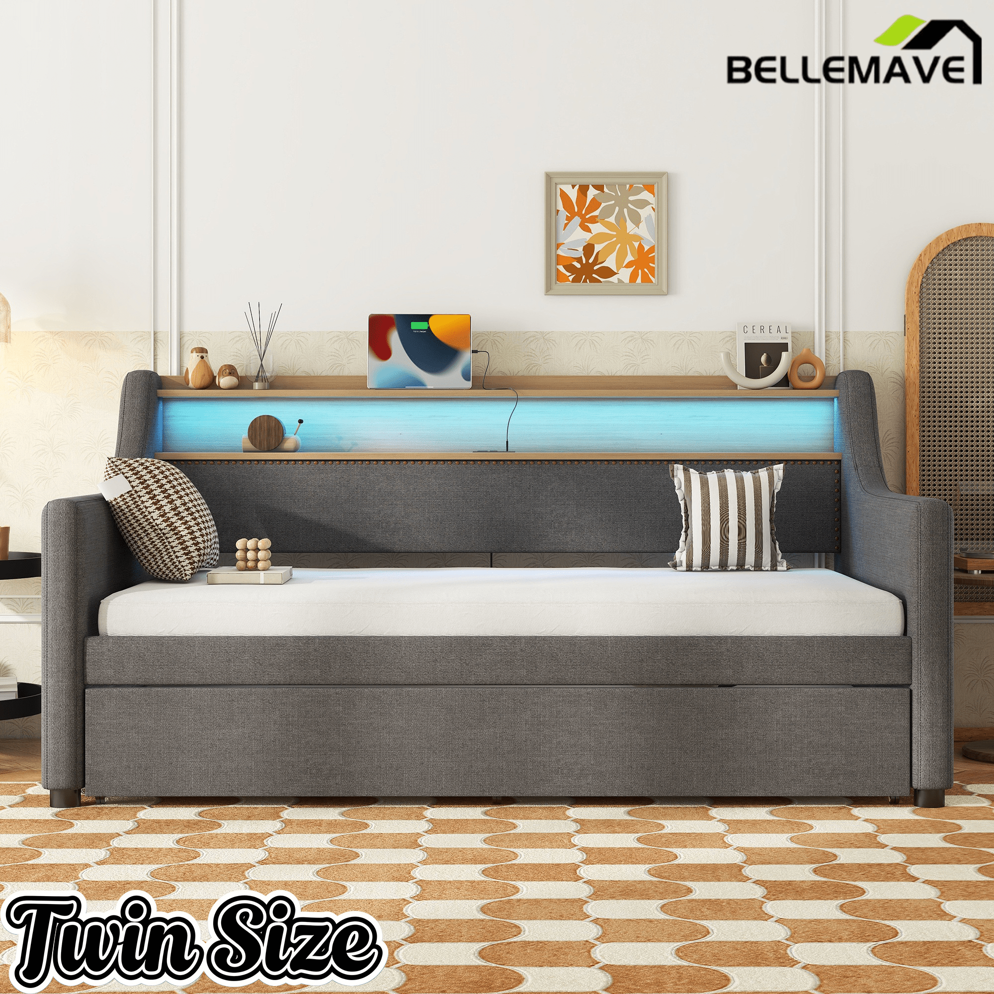Bellemave® Twin Size Daybed with Drawers, Upholstery Day Bed with LED Light ＆ Charging Station, Leather Day Bed with Wood and Metal Frame, Twin Daybed Frame with Storage Shelf, Beige - Bellemave