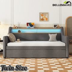 Bellemave® Twin Size Daybed with Drawers, Upholstery Day Bed with LED Light ＆ Charging Station, Leather Day Bed with Wood and Metal Frame, Twin Daybed Frame with Storage Shelf, Beige - Bellemave