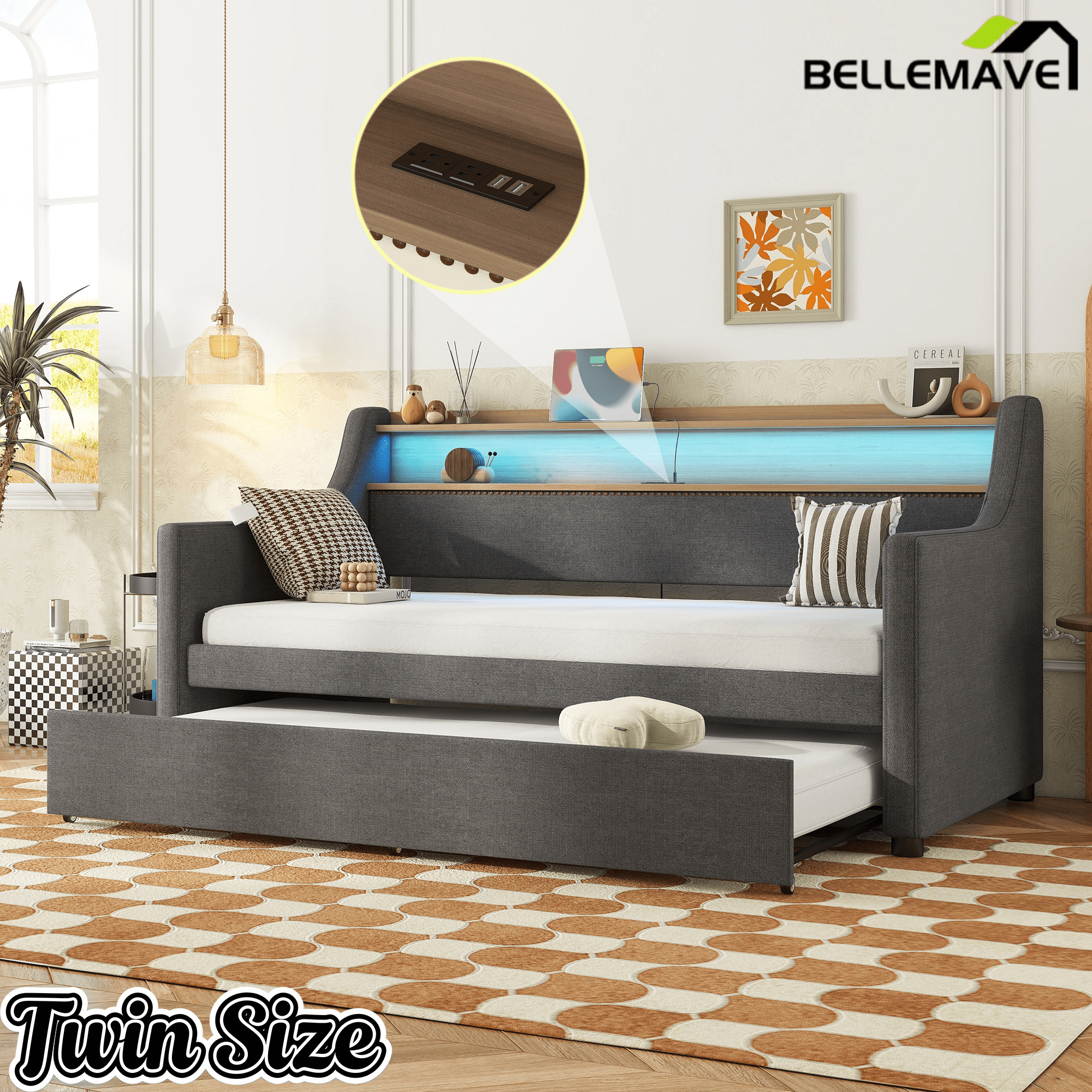 Bellemave® Twin Size Daybed with Drawers, Upholstery Day Bed with LED Light ＆ Charging Station, Leather Day Bed with Wood and Metal Frame, Twin Daybed Frame with Storage Shelf, Beige - Bellemave