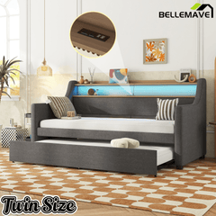 Bellemave® Twin Size Daybed with Drawers, Upholstery Day Bed with LED Light ＆ Charging Station, Leather Day Bed with Wood and Metal Frame, Twin Daybed Frame with Storage Shelf, Beige - Bellemave