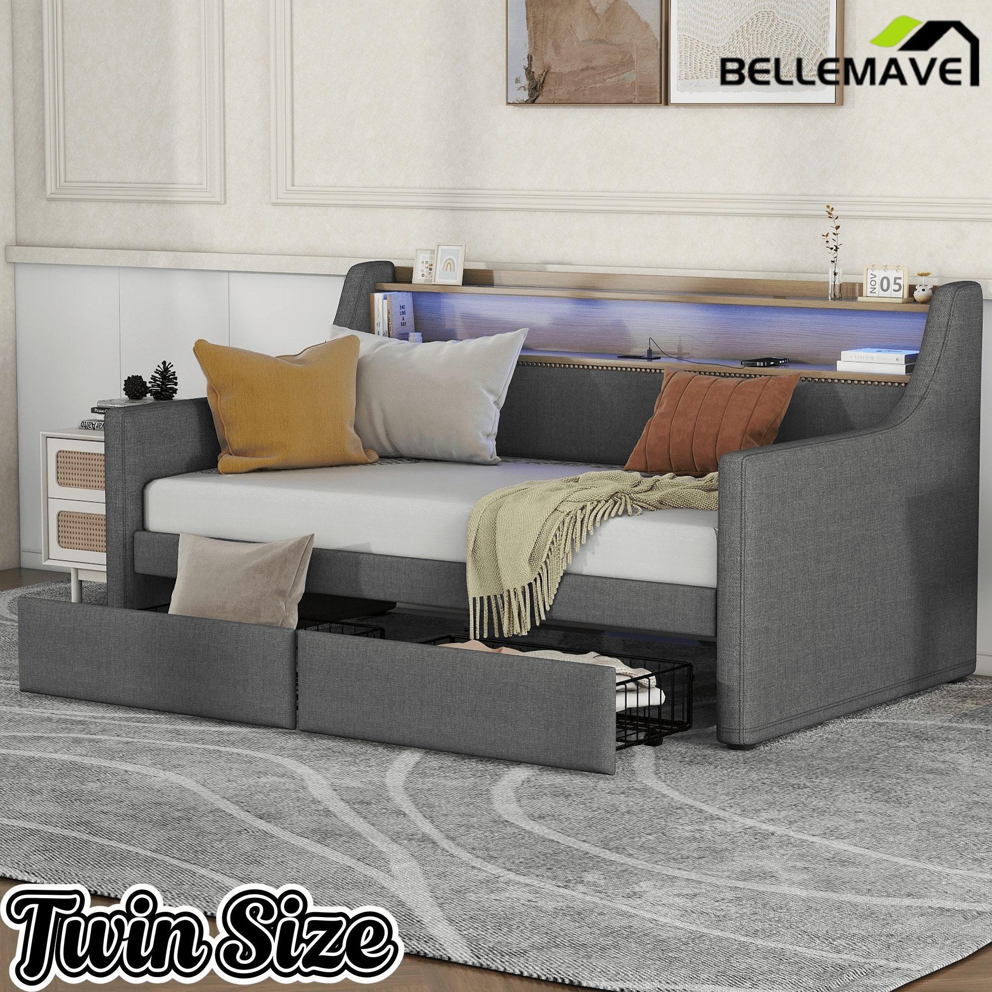 Bellemave® Twin Size Daybed with Drawers, Upholstery Day Bed with LED Light ＆ Charging Station, Leather Day Bed with Wood and Metal Frame, Twin Daybed Frame with Storage Shelf, Beige - Bellemave