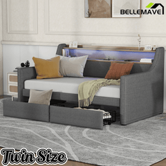 Bellemave® Twin Size Daybed with Drawers, Upholstery Day Bed with LED Light ＆ Charging Station, Leather Day Bed with Wood and Metal Frame, Twin Daybed Frame with Storage Shelf, Beige - Bellemave