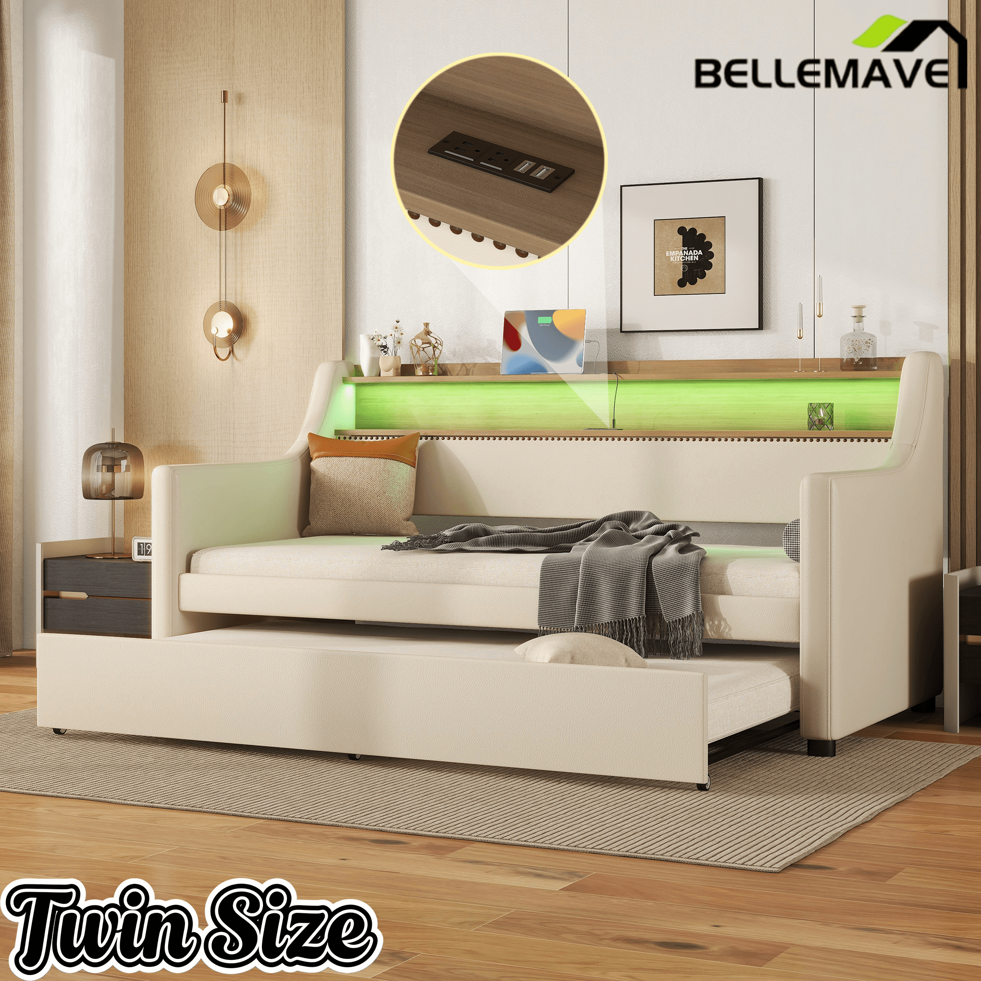 Bellemave® Twin Size Daybed with Drawers, Upholstery Day Bed with LED Light ＆ Charging Station, Leather Day Bed with Wood and Metal Frame, Twin Daybed Frame with Storage Shelf, Beige - Bellemave
