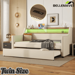 Bellemave® Twin Size Daybed with Drawers, Upholstery Day Bed with LED Light ＆ Charging Station, Leather Day Bed with Wood and Metal Frame, Twin Daybed Frame with Storage Shelf, Beige - Bellemave