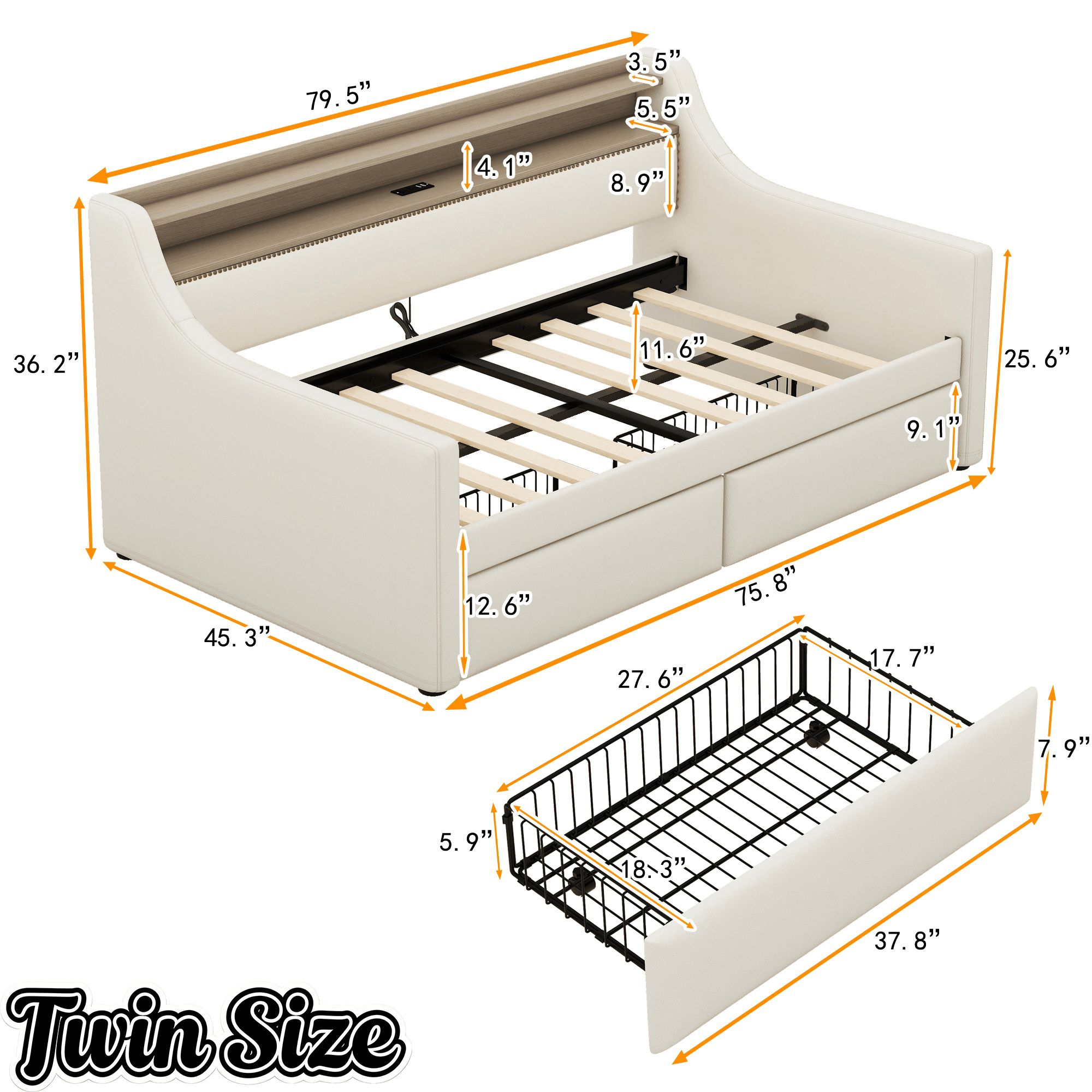 Bellemave® Twin Size Daybed with Drawers, Upholstery Day Bed with LED Light ＆ Charging Station, Leather Day Bed with Wood and Metal Frame, Twin Daybed Frame with Storage Shelf, Beige - Bellemave