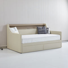 Bellemave® Twin Size Daybed with Drawers, Upholstery Day Bed with LED Light ＆ Charging Station, Leather Day Bed with Wood and Metal Frame, Twin Daybed Frame with Storage Shelf, Beige - Bellemave