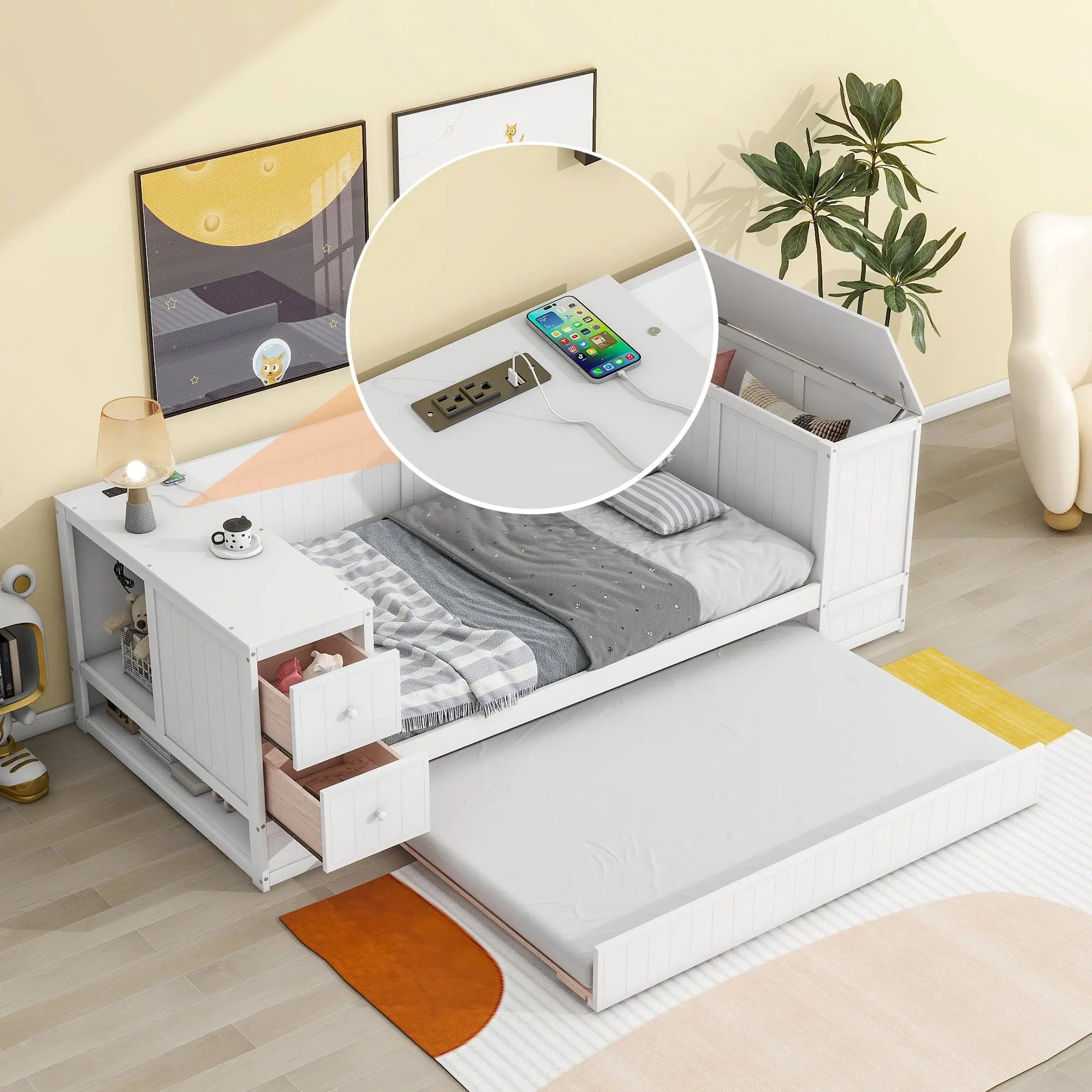 Bellemave® Twin Size Daybed with Storage Arms, Trundle and Charging Station - Bellemave