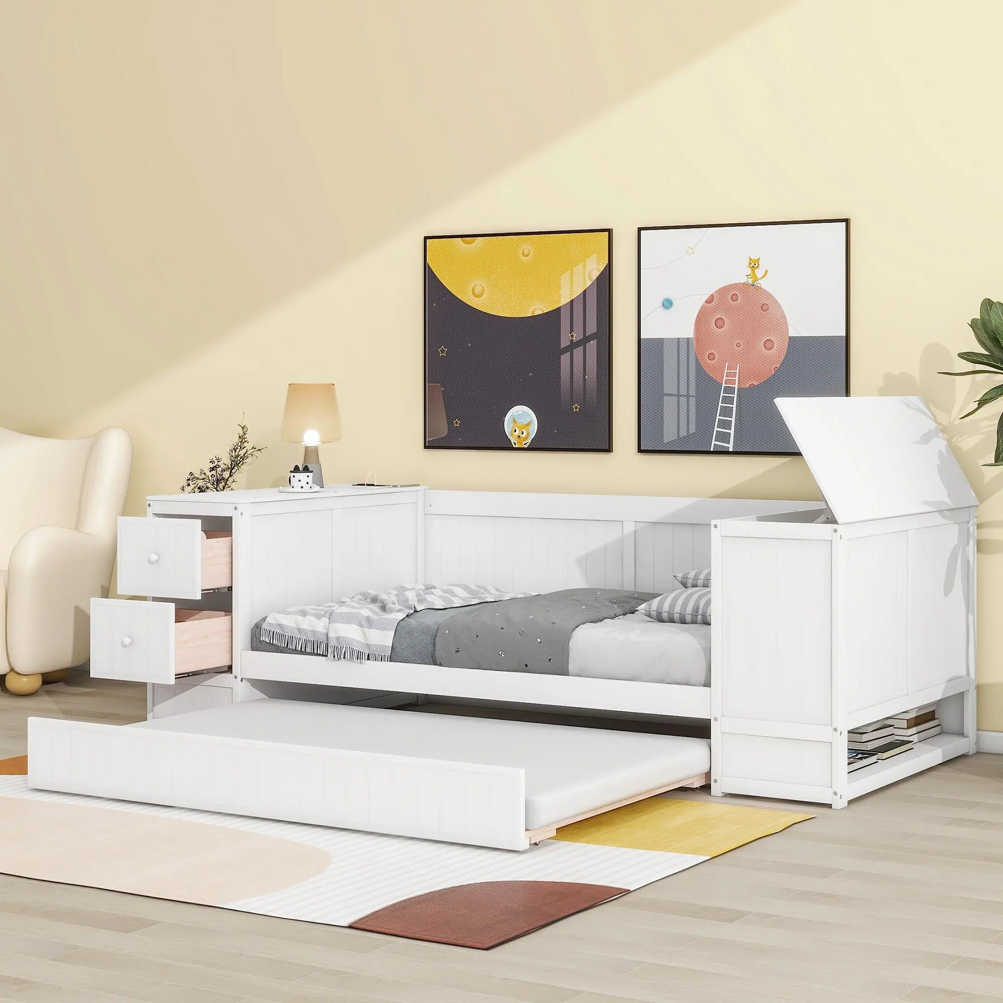 Bellemave® Twin Size Daybed with Storage Arms, Trundle and Charging Station - Bellemave