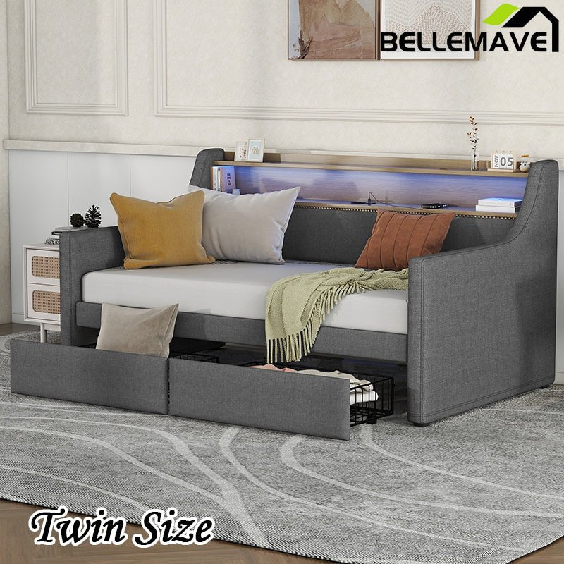 Bellemave® Twin Size Daybed with Storage Drawers,Charging Station and LED Lights - Bellemave