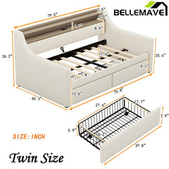 Bellemave® Twin Size Daybed with Storage Drawers,Charging Station and LED Lights - Bellemave