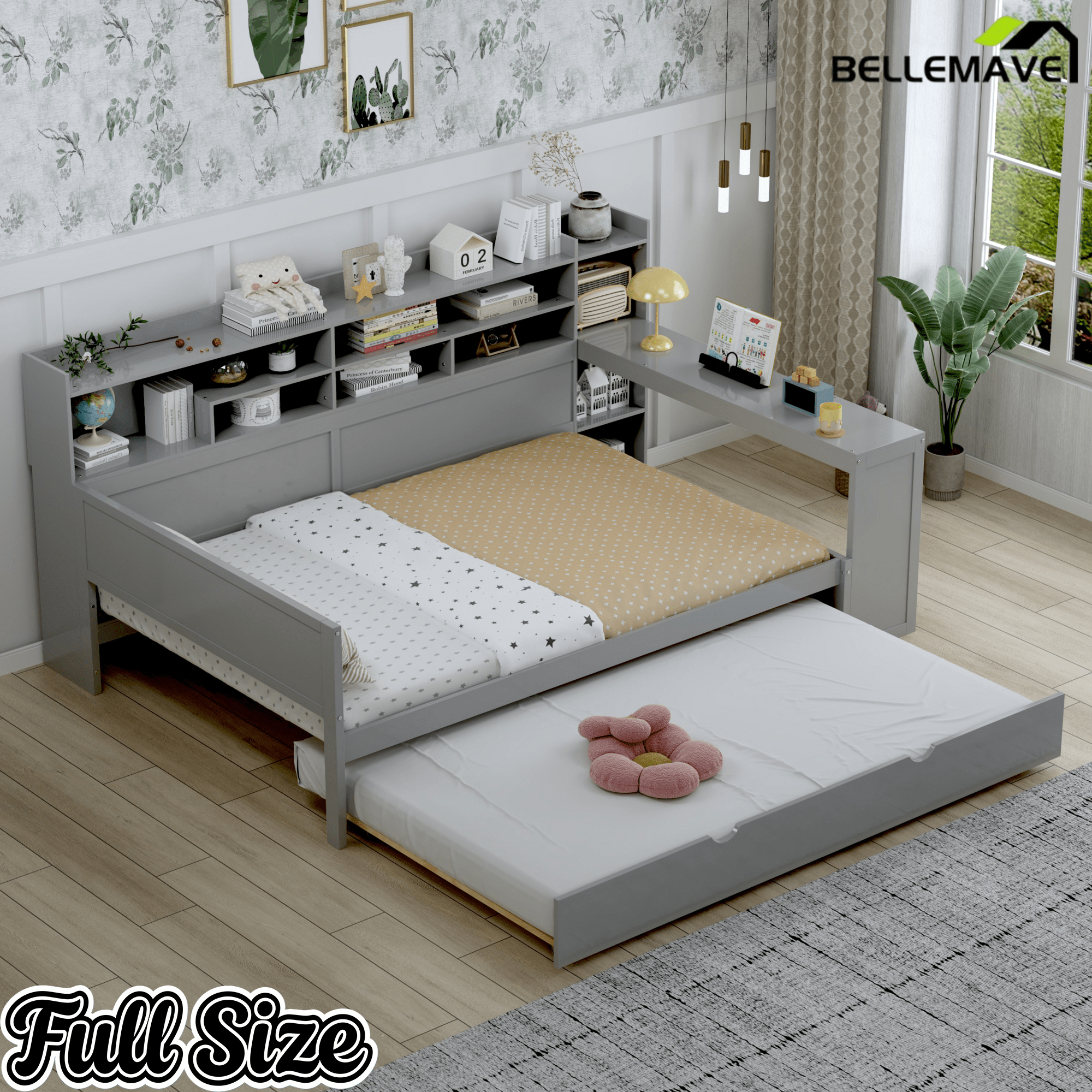 Bellemave® Twin Size Daybed with Trundle Bed and Desk, Wooden Daybed with Storage Shelves, Natural - Bellemave
