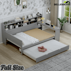 Bellemave® Twin Size Daybed with Trundle Bed and Desk, Wooden Daybed with Storage Shelves, Natural - Bellemave