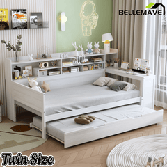 Bellemave® Twin Size Daybed with Trundle Bed and Desk, Wooden Daybed with Storage Shelves, Natural - Bellemave
