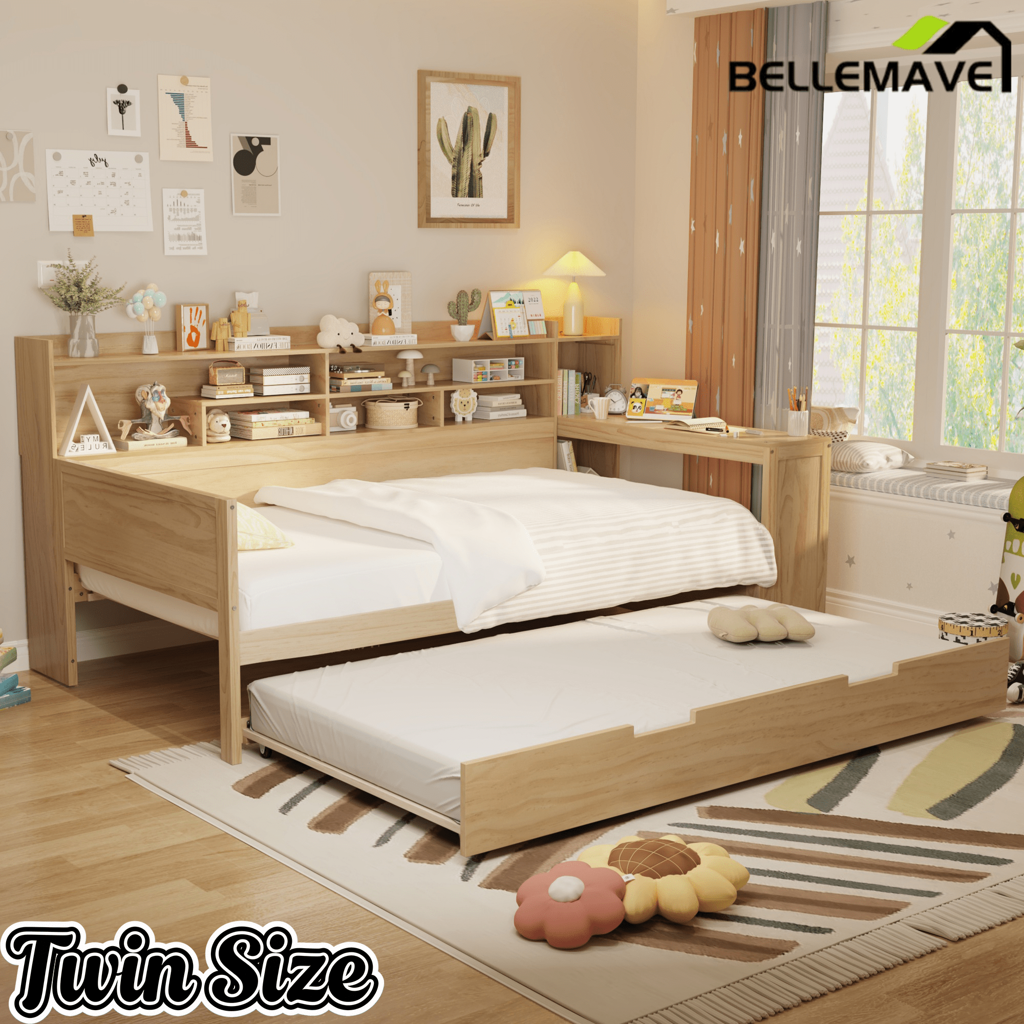 Bellemave® Twin Size Daybed with Trundle Bed and Desk, Wooden Daybed with Storage Shelves, Natural - Bellemave