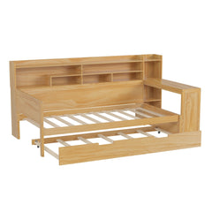 Bellemave® Twin Size Daybed with Trundle Bed and Desk, Wooden Daybed with Storage Shelves, Natural - Bellemave
