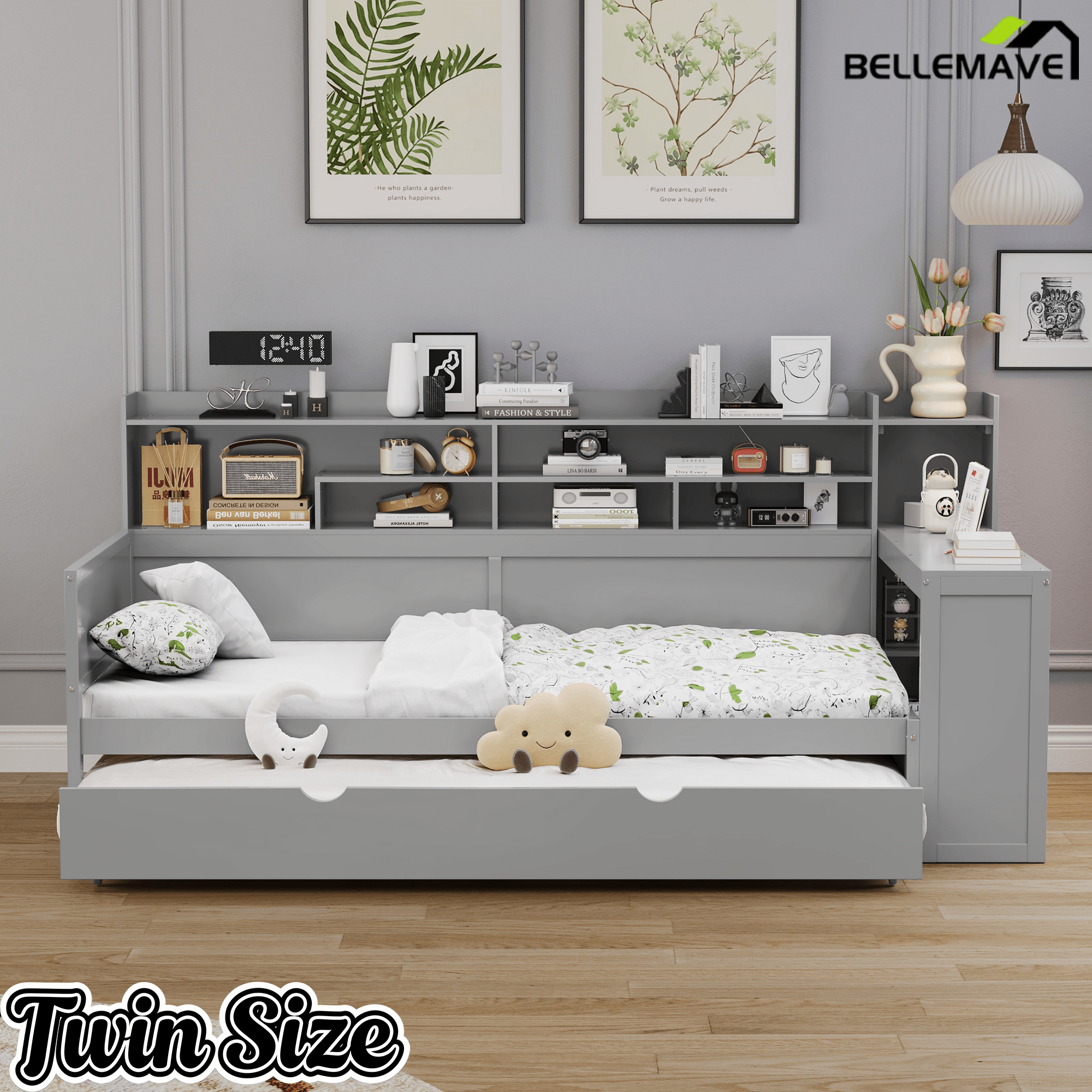 Bellemave® Twin Size Daybed with Trundle Bed and Desk, Wooden Daybed with Storage Shelves, Natural - Bellemave