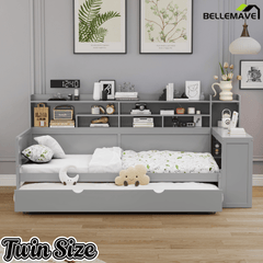 Bellemave® Twin Size Daybed with Trundle Bed and Desk, Wooden Daybed with Storage Shelves, Natural - Bellemave
