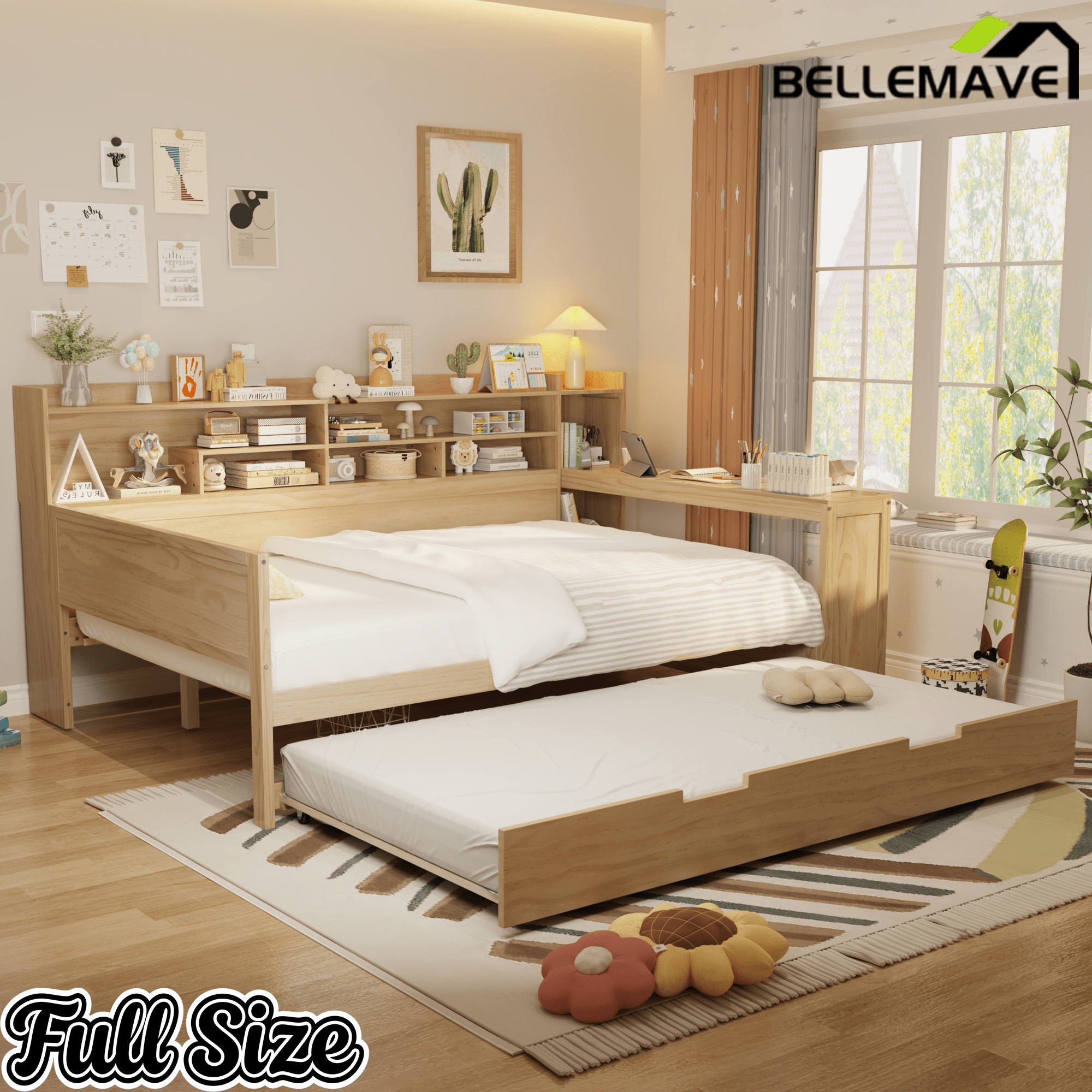 Bellemave® Twin Size Daybed with Trundle Bed and Desk, Wooden Daybed with Storage Shelves, Natural - Bellemave