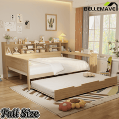 Bellemave® Twin Size Daybed with Trundle Bed and Desk, Wooden Daybed with Storage Shelves, Natural - Bellemave