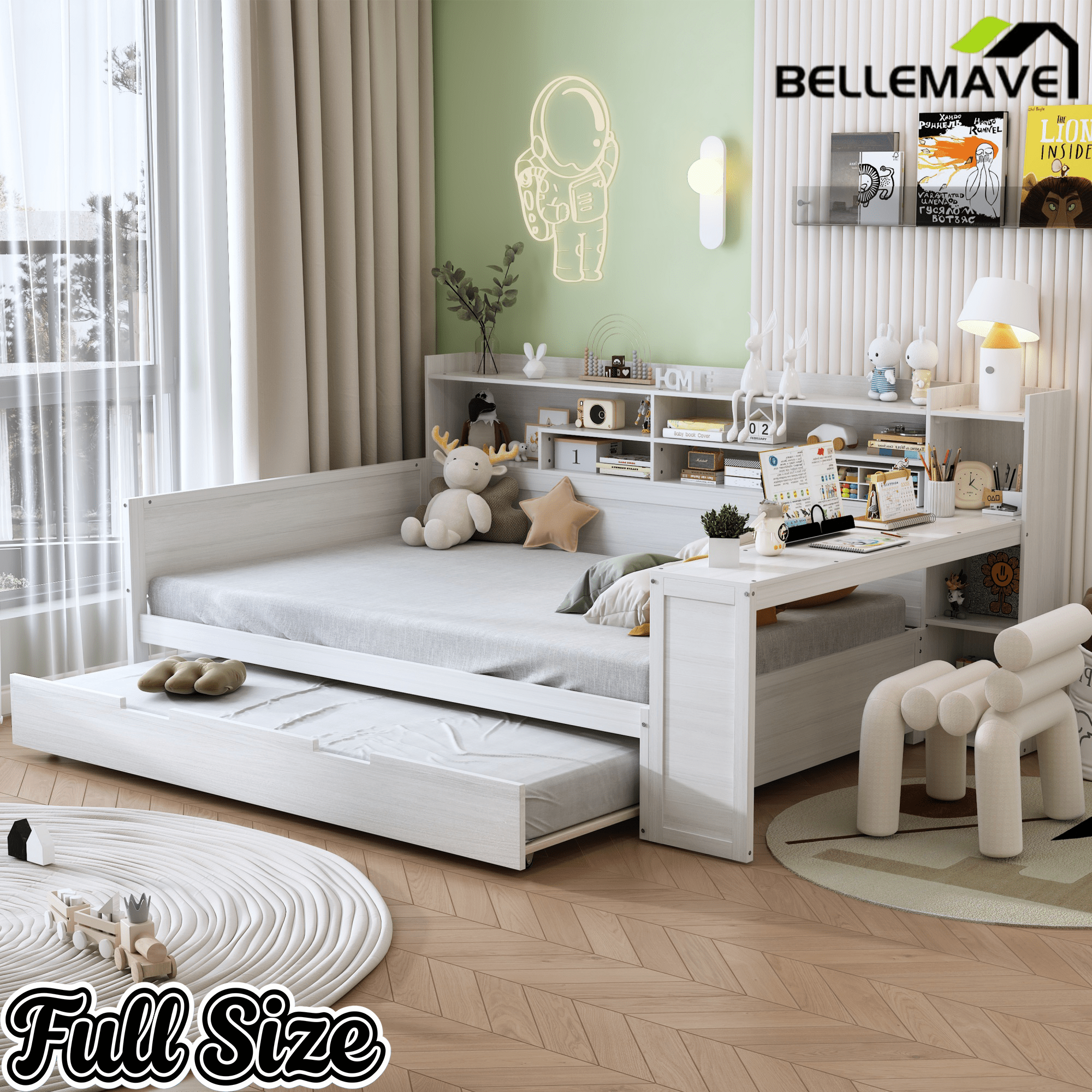 Bellemave® Twin Size Daybed with Trundle Bed and Desk, Wooden Daybed with Storage Shelves, Natural - Bellemave