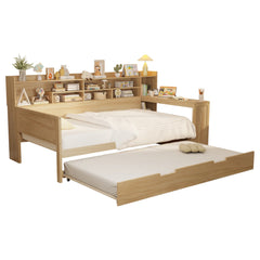 Bellemave® Twin Size Daybed with Trundle Bed and Desk, Wooden Daybed with Storage Shelves, Natural - Bellemave