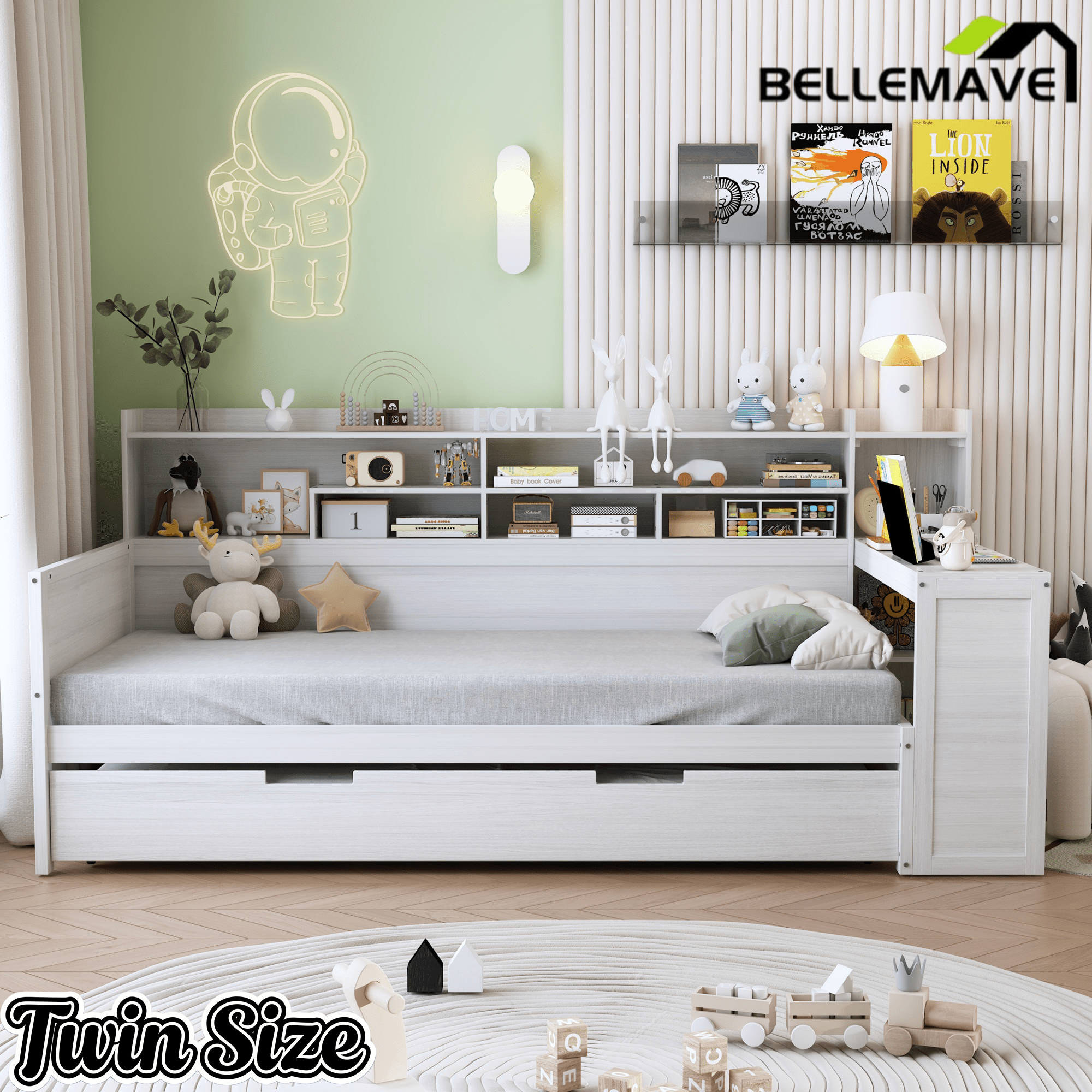 Bellemave® Twin Size Daybed with Trundle Bed and Desk, Wooden Daybed with Storage Shelves, Natural - Bellemave