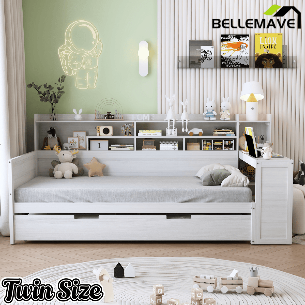 Bellemave® Twin Size Daybed with Trundle Bed and Desk, Wooden Daybed with Storage Shelves, Natural - Bellemave