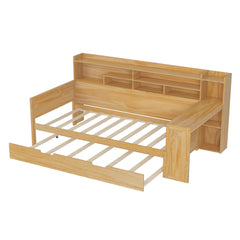 Bellemave® Twin Size Daybed with Trundle Bed and Desk, Wooden Daybed with Storage Shelves, Natural - Bellemave