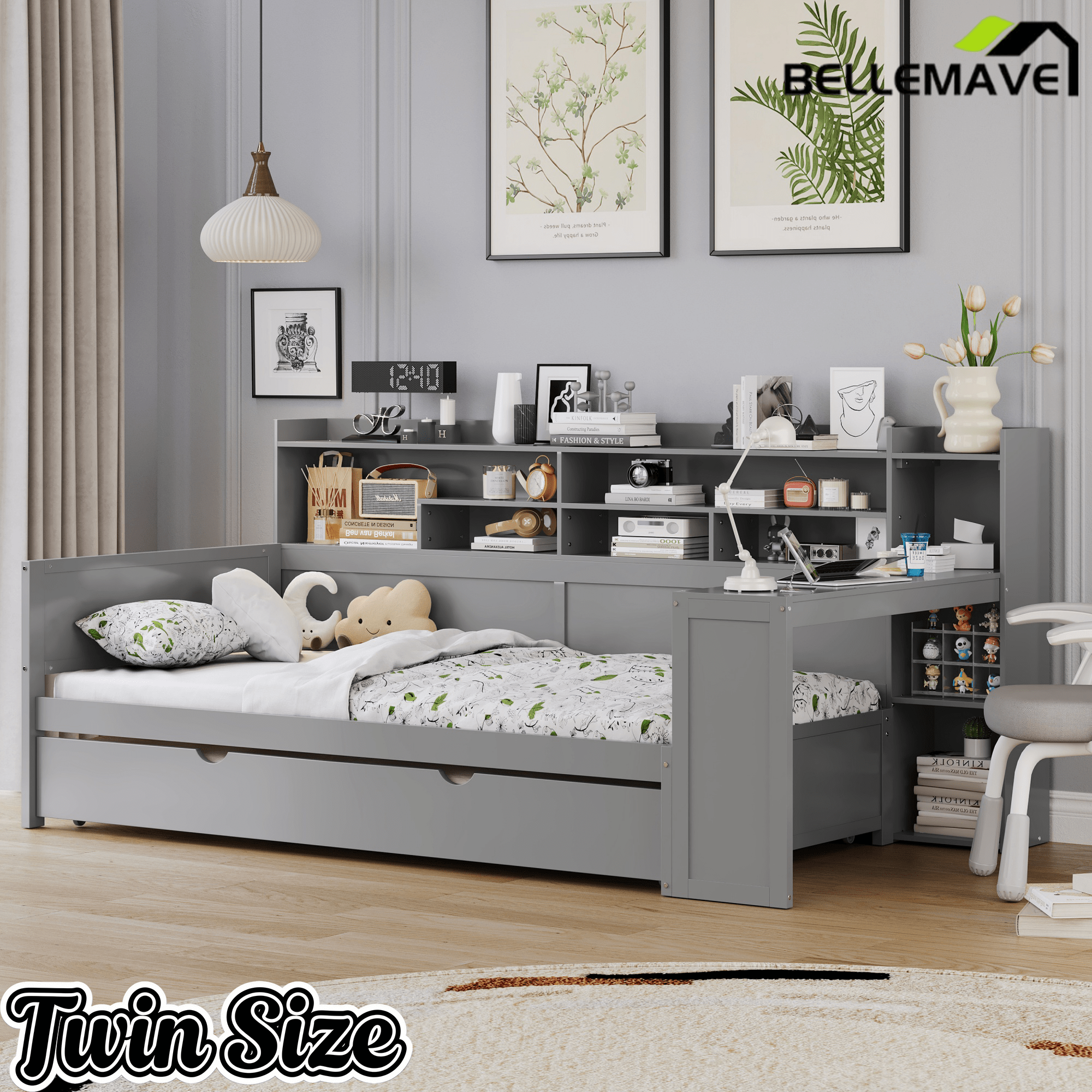 Bellemave® Twin Size Daybed with Trundle Bed and Desk, Wooden Daybed with Storage Shelves, Natural - Bellemave