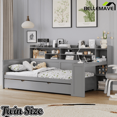 Bellemave® Twin Size Daybed with Trundle Bed and Desk, Wooden Daybed with Storage Shelves, Natural - Bellemave