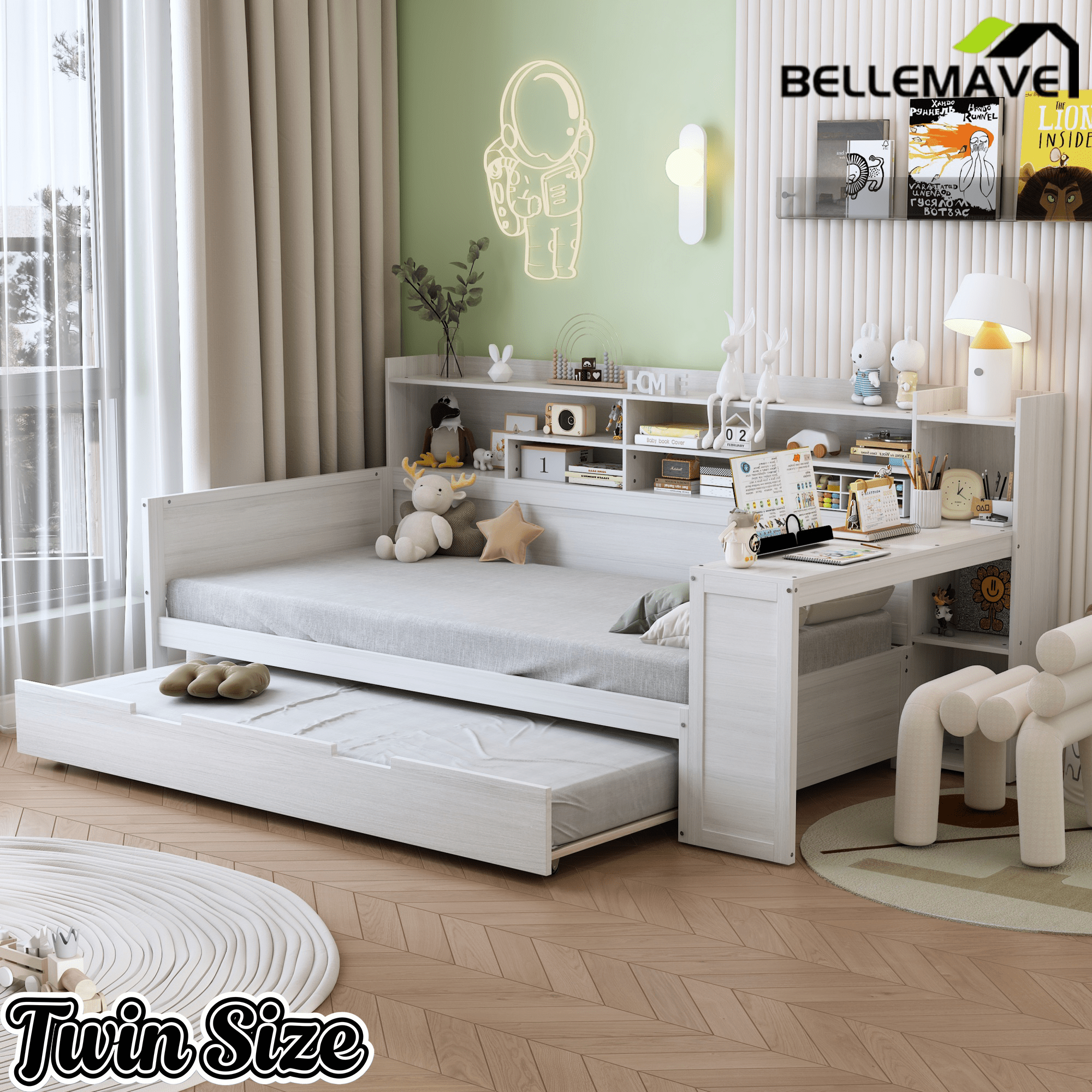 Bellemave® Twin Size Daybed with Trundle Bed and Desk, Wooden Daybed with Storage Shelves, Natural - Bellemave