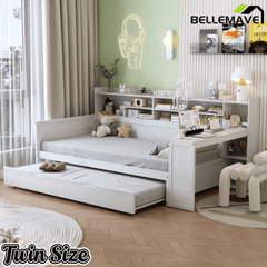 Bellemave® Twin Size Daybed with Trundle Bed and Desk, Wooden Daybed with Storage Shelves, Natural - Bellemave