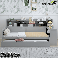 Bellemave® Twin Size Daybed with Trundle Bed and Desk, Wooden Daybed with Storage Shelves, Natural - Bellemave