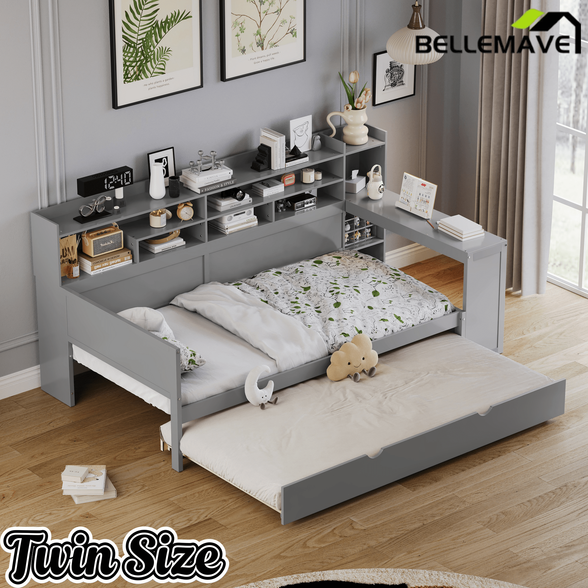 Bellemave® Twin Size Daybed with Trundle Bed and Desk, Wooden Daybed with Storage Shelves, Natural - Bellemave