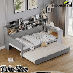Bellemave® Twin Size Daybed with Trundle Bed and Desk, Wooden Daybed with Storage Shelves, Natural - Bellemave