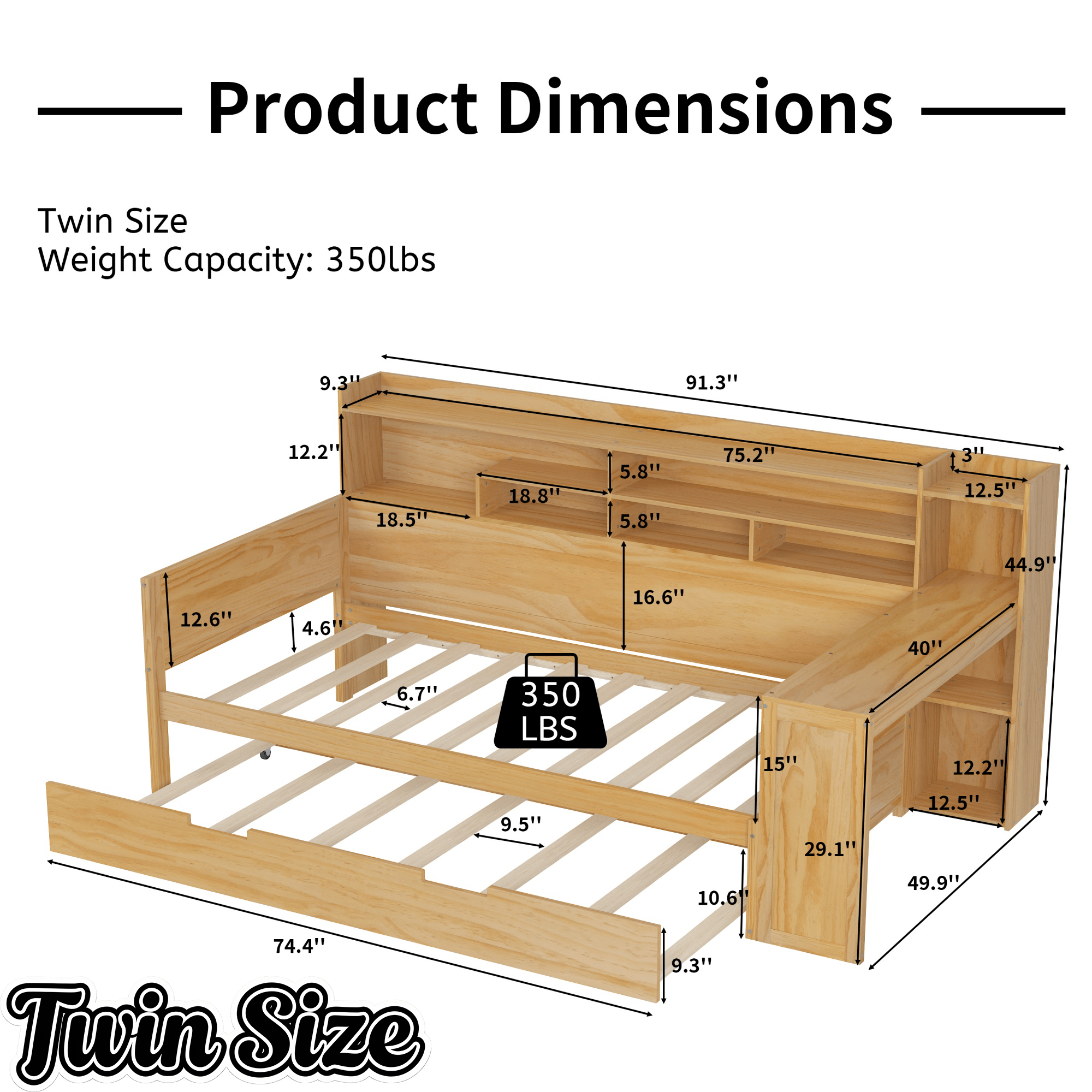 Bellemave® Twin Size Daybed with Trundle Bed and Desk, Wooden Daybed with Storage Shelves, Natural - Bellemave