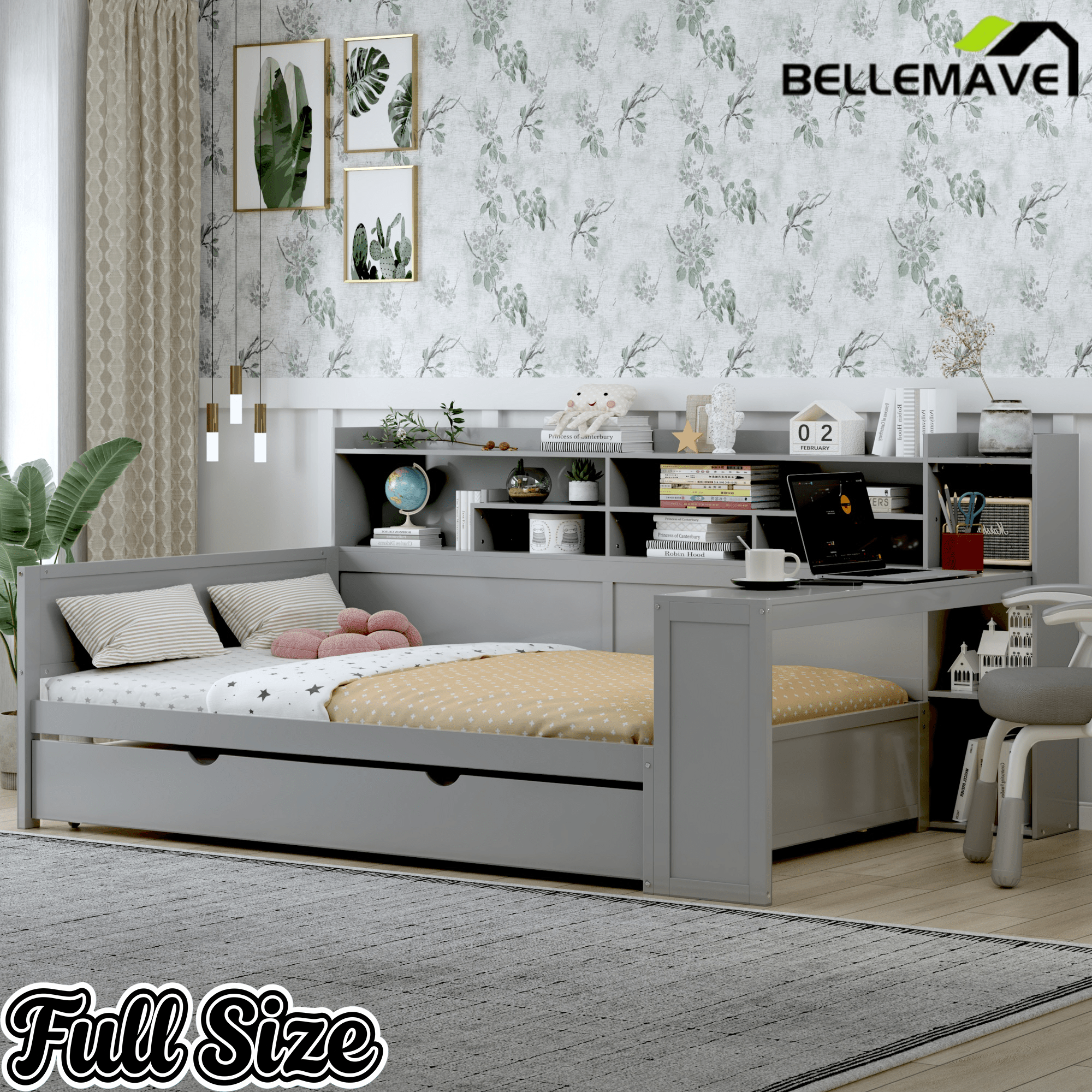 Bellemave® Twin Size Daybed with Trundle Bed and Desk, Wooden Daybed with Storage Shelves, Natural - Bellemave