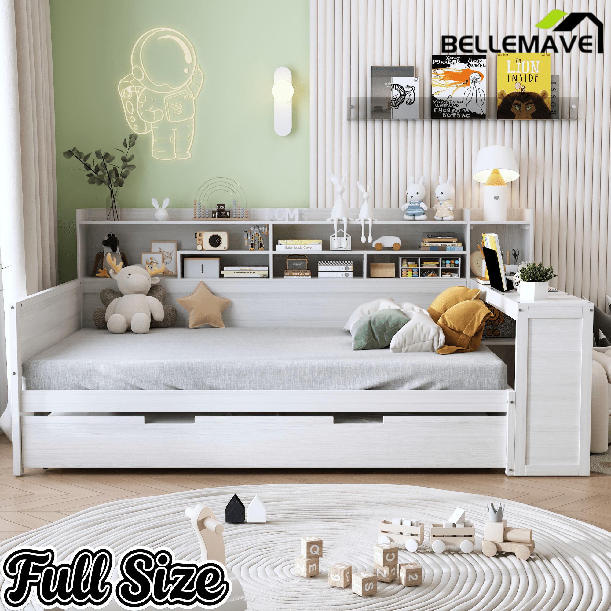 Bellemave® Twin Size Daybed with Trundle Bed and Desk, Wooden Daybed with Storage Shelves, Natural - Bellemave