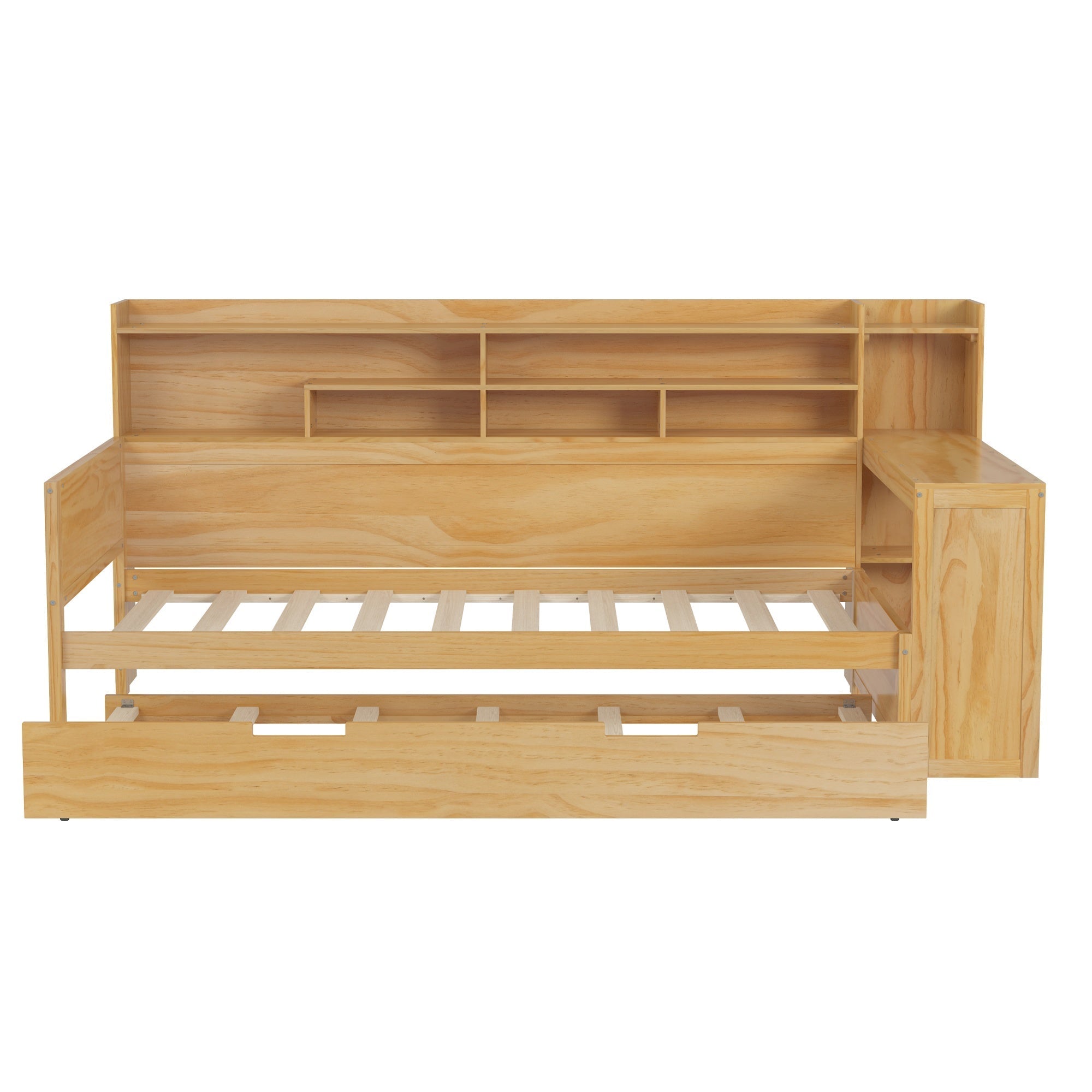 Bellemave® Twin Size Daybed with Trundle Bed and Desk, Wooden Daybed with Storage Shelves, Natural - Bellemave