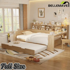 Bellemave® Twin Size Daybed with Trundle Bed and Desk, Wooden Daybed with Storage Shelves, Natural - Bellemave