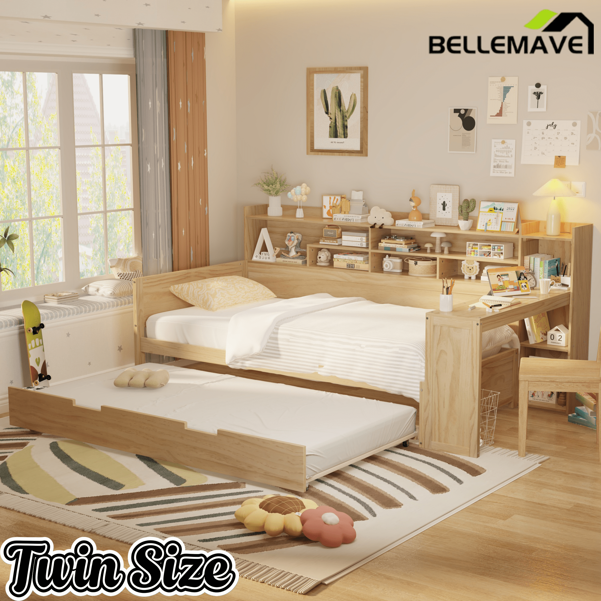 Bellemave® Twin Size Daybed with Trundle Bed and Desk, Wooden Daybed with Storage Shelves, Natural - Bellemave