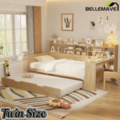 Bellemave® Twin Size Daybed with Trundle Bed and Desk, Wooden Daybed with Storage Shelves, Natural - Bellemave