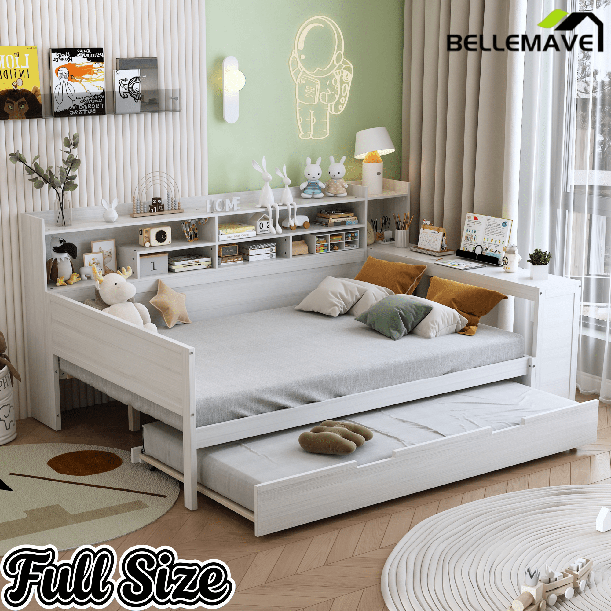 Bellemave® Twin Size Daybed with Trundle Bed and Desk, Wooden Daybed with Storage Shelves, Natural - Bellemave