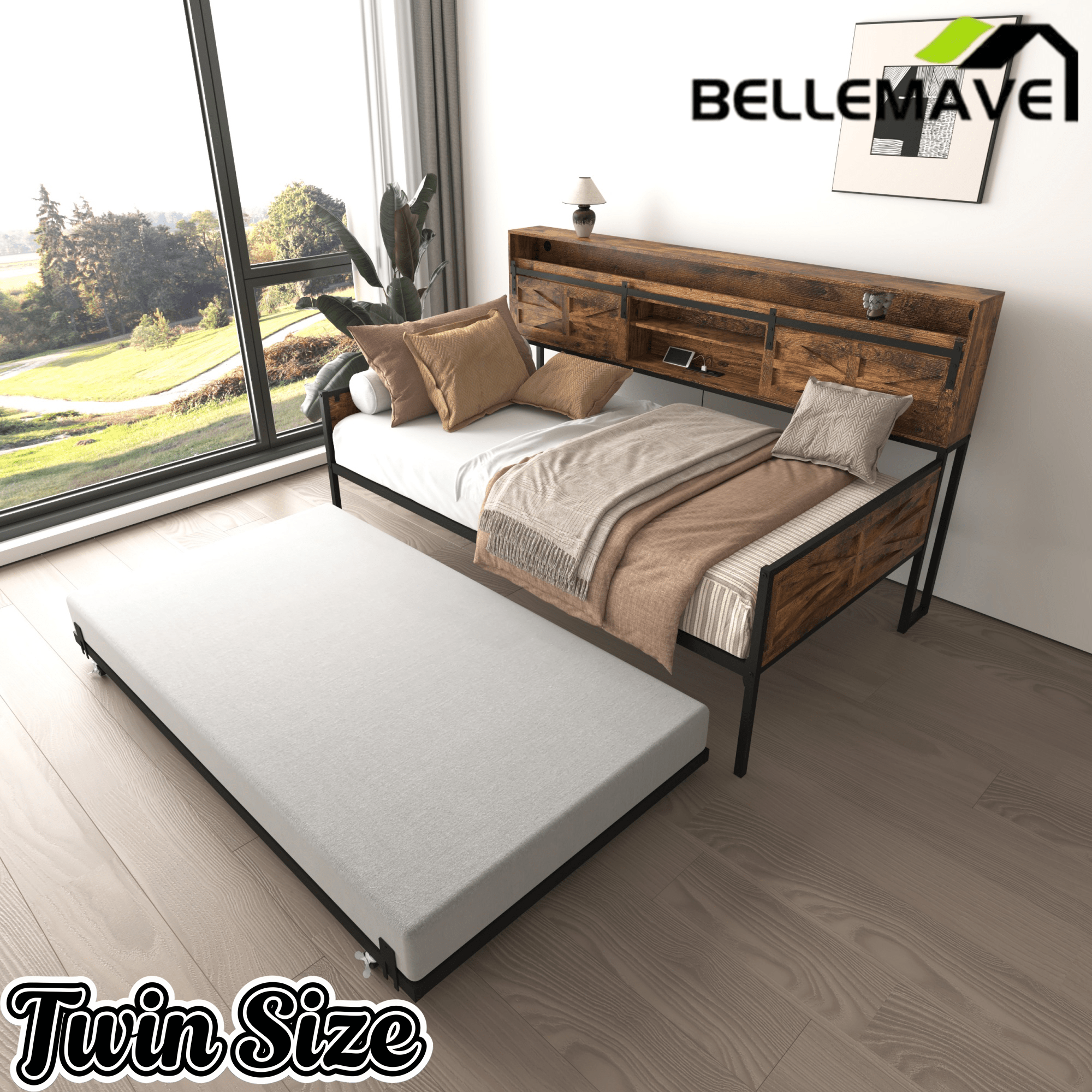 Bellemave® Twin Size Daybed with Trundle & Storage Headboard, Metal Twin Daybed Frame with LED Lights & Charging Station for Living Room, Apartment, Bedroom - Bellemave