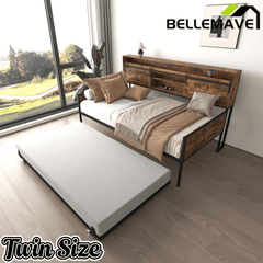Bellemave® Twin Size Daybed with Trundle & Storage Headboard, Metal Twin Daybed Frame with LED Lights & Charging Station for Living Room, Apartment, Bedroom - Bellemave