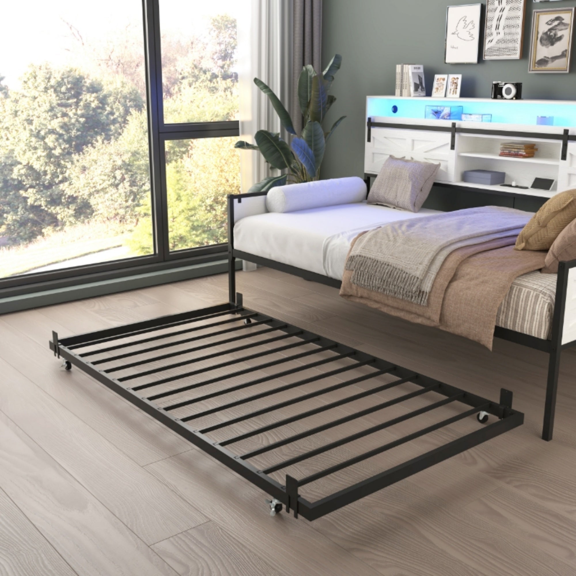 Bellemave® Twin Size Daybed with Trundle & Storage Headboard, Metal Twin Daybed Frame with LED Lights & Charging Station for Living Room, Apartment, Bedroom - Bellemave