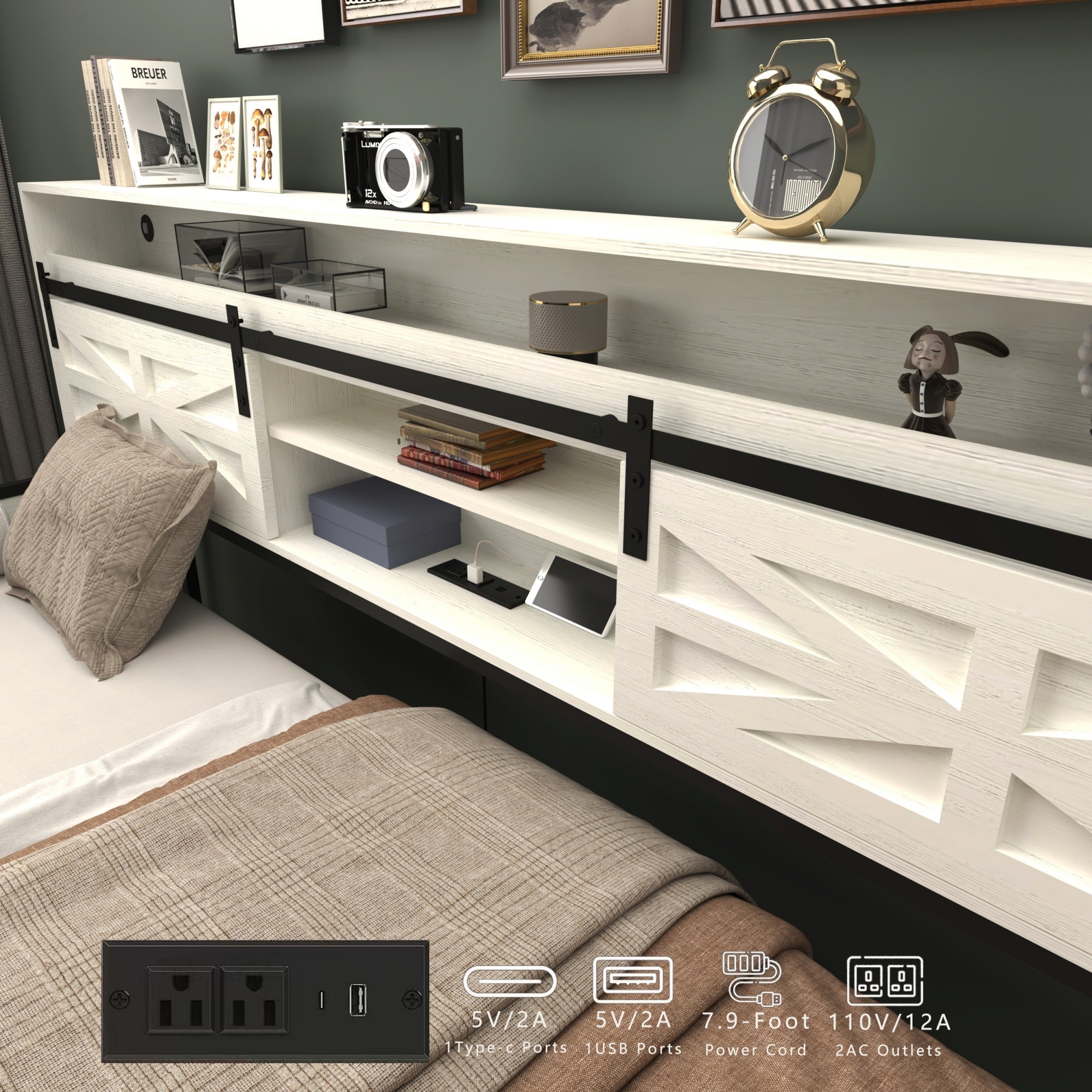Bellemave® Twin Size Daybed with Trundle & Storage Headboard, Metal Twin Daybed Frame with LED Lights & Charging Station for Living Room, Apartment, Bedroom - Bellemave