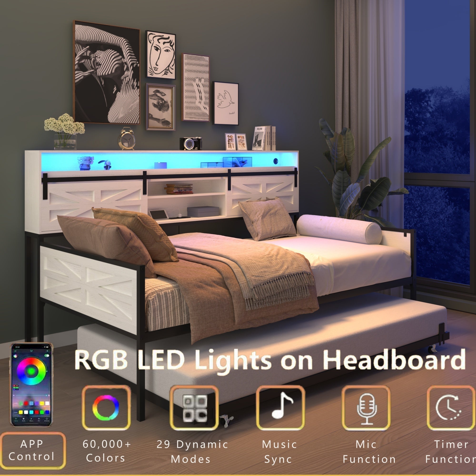 Bellemave® Twin Size Daybed with Trundle & Storage Headboard, Metal Twin Daybed Frame with LED Lights & Charging Station for Living Room, Apartment, Bedroom - Bellemave